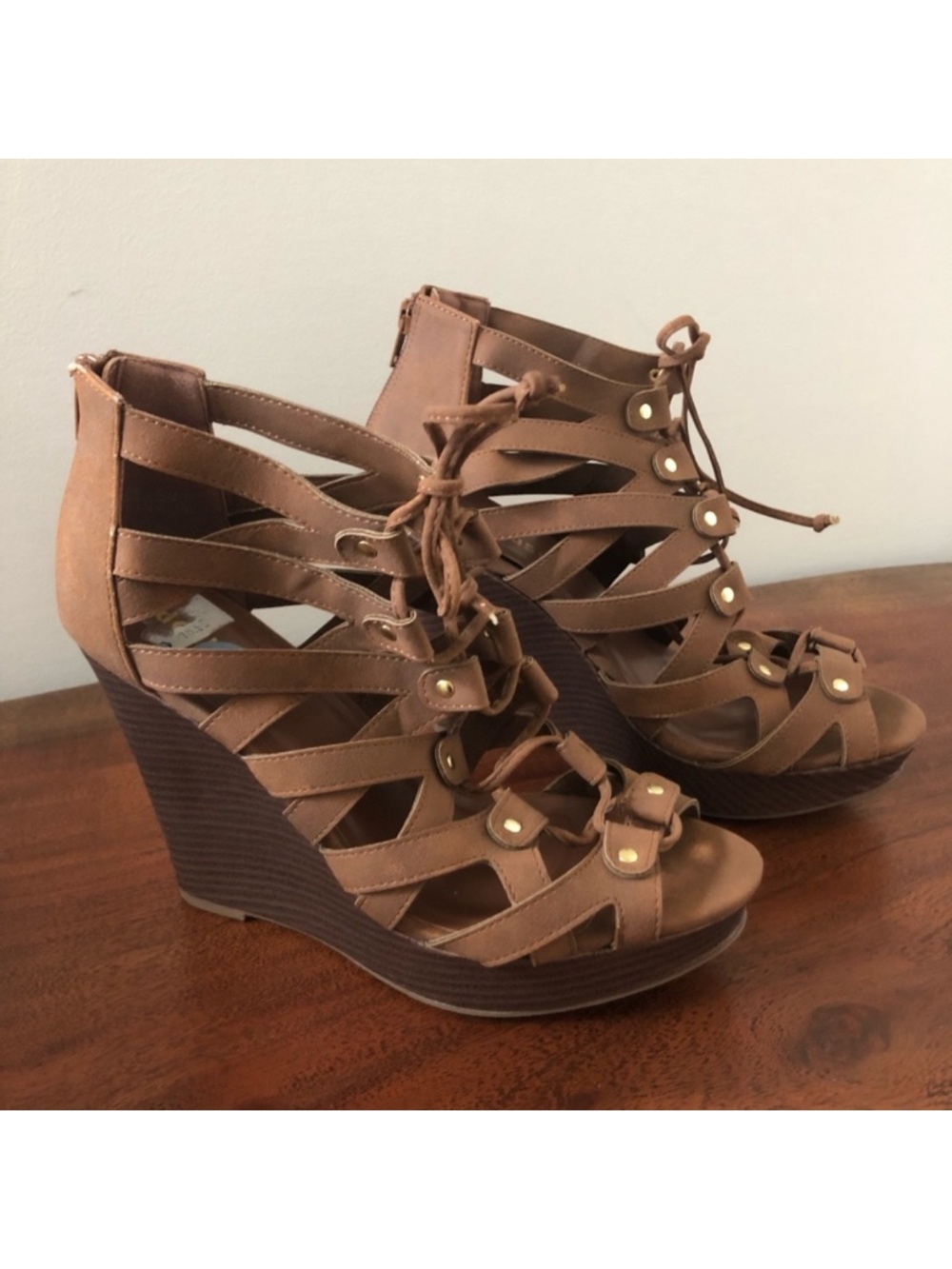 Dollhouse platform wedge lace up heels